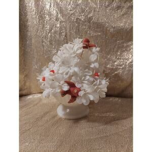 Kitschy Plastic Christmas Holiday Decor White Red Flocked Birds Centerpiece MCM